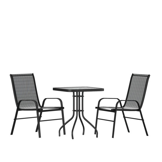 Brazos 3 Piece Outdoor Patio Dining Set - 23.5" Square Tempered Glass Patio Table, 2 Black Flex Comfort Stack Chairs TLH-073A1303C-GG