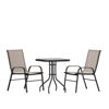 Brazos 3 Piece Outdoor Patio Dining Set - 23.5" Square Tempered Glass Patio Table, 2 Brown Flex Comfort Stack Chairs TLH-073A1303C-BN-GG