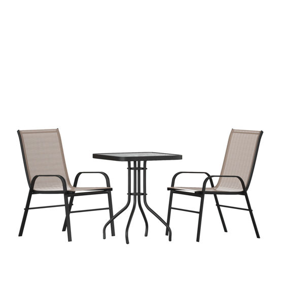 Brazos 3 Piece Outdoor Patio Dining Set - 23.5" Square Tempered Glass Patio Table, 2 Brown Flex Comfort Stack Chairs TLH-073A1303C-BN-GG