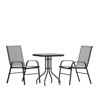 Brazos 3 Piece Outdoor Patio Dining Set - 23.5" Square Tempered Glass Patio Table, 2 Gray Flex Comfort Stack Chairs TLH-073A1303C-GY-GG