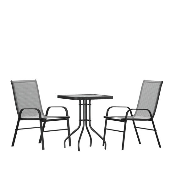 Brazos 3 Piece Outdoor Patio Dining Set - 23.5" Square Tempered Glass Patio Table, 2 Gray Flex Comfort Stack Chairs TLH-073A1303C-GY-GG