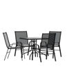 Brazos 5 Piece Outdoor Patio Dining Set - 31.5" Square Tempered Glass Patio Table, 4 Black Flex Comfort Stack Chairs TLH-073A2303C-GG