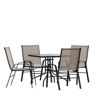 Brazos 5 Piece Outdoor Patio Dining Set - 31.5" Square Tempered Glass Patio Table, 4 Brown Flex Comfort Stack Chairs TLH-073A2303C-BN-GG