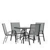 Brazos 5 Piece Outdoor Patio Dining Set - 31.5" Square Tempered Glass Patio Table, 4 Gray Flex Comfort Stack Chairs  TLH-073A2303C-GY-GG