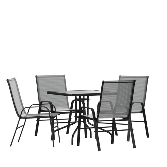 Brazos 5 Piece Outdoor Patio Dining Set - 31.5" Square Tempered Glass Patio Table, 4 Gray Flex Comfort Stack Chairs  TLH-073A2303C-GY-GG