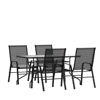 Brazos 5 Piece Outdoor Patio Dining Set - 55" Tempered Glass Patio Table with Umbrella Hole, 4 Black Flex Comfort Stack Chairs TLH-089REC-303CBK4-GG