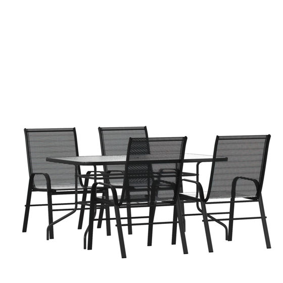 Brazos 5 Piece Outdoor Patio Dining Set - 55" Tempered Glass Patio Table with Umbrella Hole, 4 Black Flex Comfort Stack Chairs TLH-089REC-303CBK4-GG