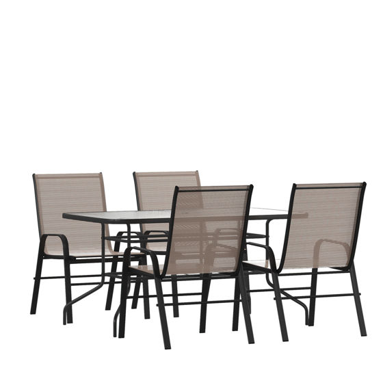 Brazos 5 Piece Outdoor Patio Dining Set - 55" Tempered Glass Patio Table with Umbrella Hole, 4 Brown Flex Comfort Stack Chairs  TLH-089REC-303CBN4-GG