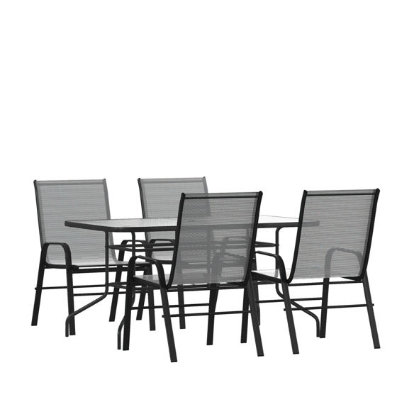 Brazos 5 Piece Outdoor Patio Dining Set - 55" Tempered Glass Patio Table with Umbrella Hole, 4 Gray Flex Comfort Stack Chairs TLH-089REC-303CGY4-GG