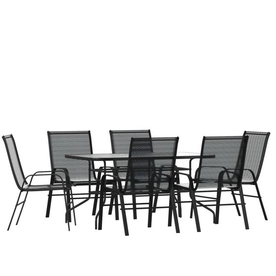 Brazos 7 Piece Outdoor Patio Dining Set - 55" Tempered Glass Patio Table with Umbrella Hole, 6 Black Flex Comfort Stack Chairs TLH-089REC-303CBK6-GG