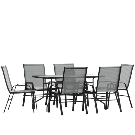 Brazos 7 Piece Outdoor Patio Dining Set - 55" Tempered Glass Patio Table with Umbrella Hole, 6 Gray Flex Comfort Stack Chairs TLH-089REC-303CGY6-GG