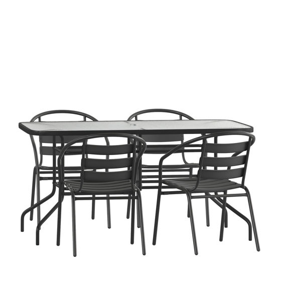 Lila 5 Piece Patio Dining Set - 55" Tempered Glass Patio Table with Umbrella Hole - 4 Black Metal Aluminum Slat Stack Chairs TLH-089REC-017CBK4-GG