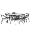 Lila 7 Piece Patio Dining Set - 55" Tempered Glass Patio Table with Umbrella Hole, 6 Black Metal Aluminum Slat Stack Chairs TLH-089REC-017CBK6-GG
