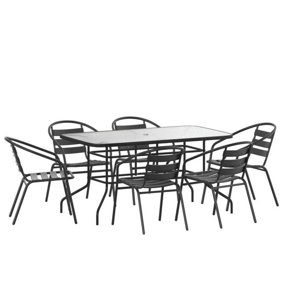 Lila 7 Piece Patio Dining Set - 55" Tempered Glass Patio Table with Umbrella Hole, 6 Black Metal Aluminum Slat Stack Chairs TLH-089REC-017CBK6-GG