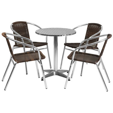 Lila 23.5'' Round Aluminum Indoor-Outdoor Table Set with 4 Dark Brown Rattan Chairs TLH-ALUM-24RD-020CHR4-GG