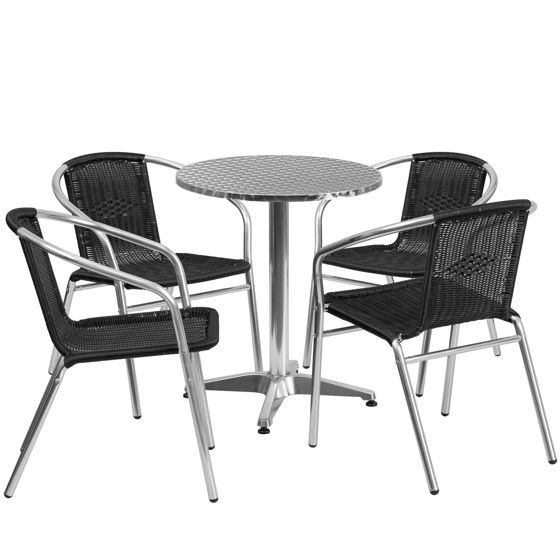Lila 23.5'' Round Aluminum Indoor-Outdoor Table Set with 4 Black Rattan Chairs TLH-ALUM-24RD-020BKCHR4-GG
