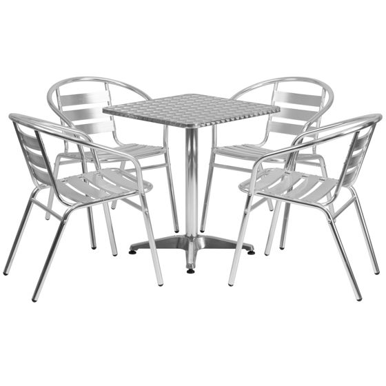 Lila 23.5'' Square Aluminum Indoor-Outdoor Table Set with 4 Slat Back Chairs TLH-ALUM-24SQ-017BCHR4-GG