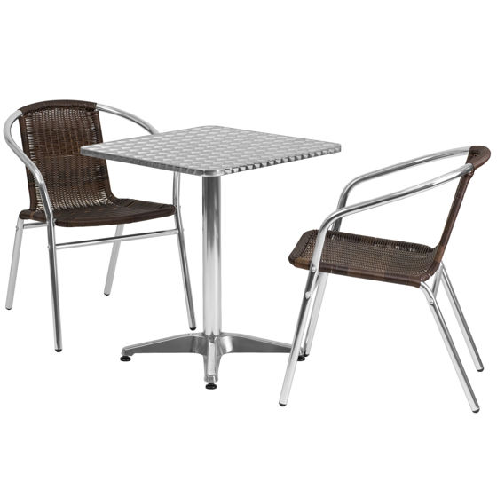 Lila 23.5'' Square Aluminum Indoor-Outdoor Table Set with 2 Dark Brown Rattan Chairs TLH-ALUM-24SQ-020CHR2-GG