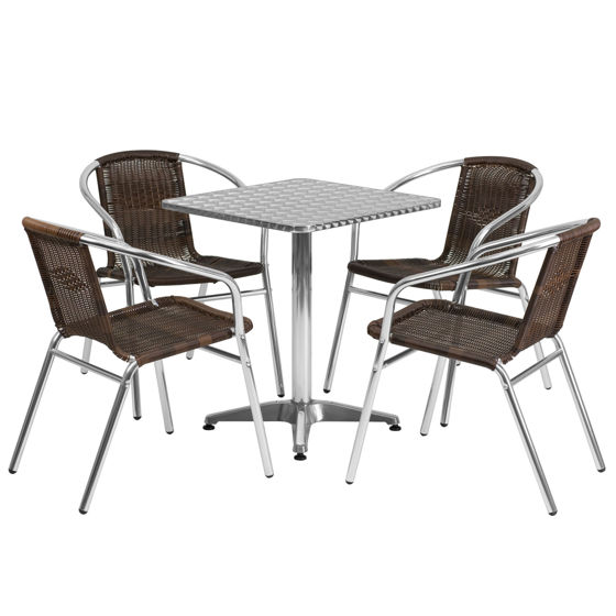 Lila 23.5'' Square Aluminum Indoor-Outdoor Table Set with 4 Dark Brown Rattan Chairs TLH-ALUM-24SQ-020CHR4-GG