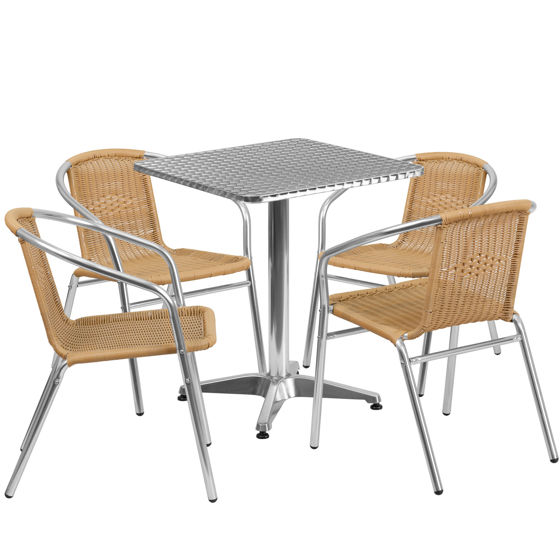 Lila 23.5'' Square Aluminum Indoor-Outdoor Table Set with 4 Beige Rattan Chairs TLH-ALUM-24SQ-020BGECHR4-GG