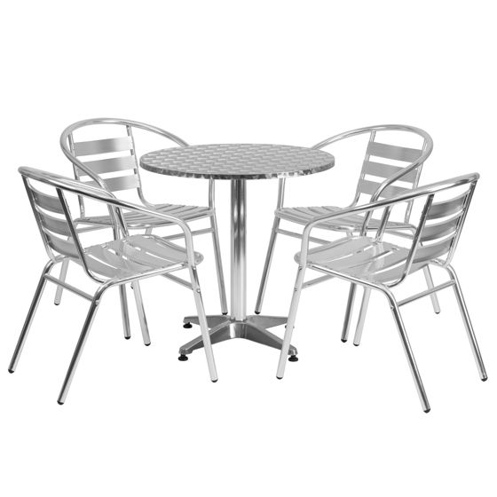 Lila 27.5'' Round Aluminum Indoor-Outdoor Table Set with 4 Slat Back Chairs TLH-ALUM-28RD-017BCHR4-GG