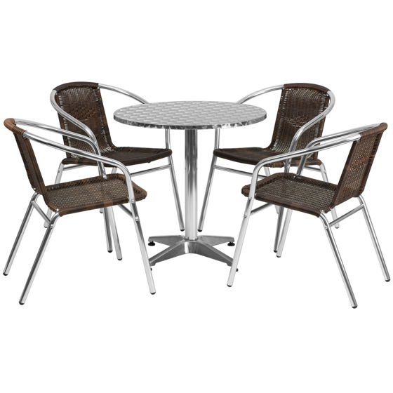 Lila 27.5'' Round Aluminum Indoor-Outdoor Table Set with 4 Dark Brown Rattan Chairs TLH-ALUM-28RD-020CHR4-GG