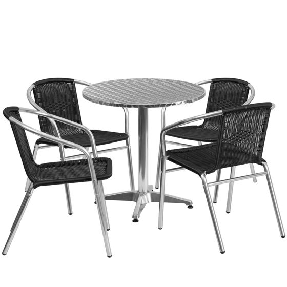 Lila 27.5'' Round Aluminum Indoor-Outdoor Table Set with 4 Black Rattan Chairs TLH-ALUM-28RD-020BKCHR4-GG