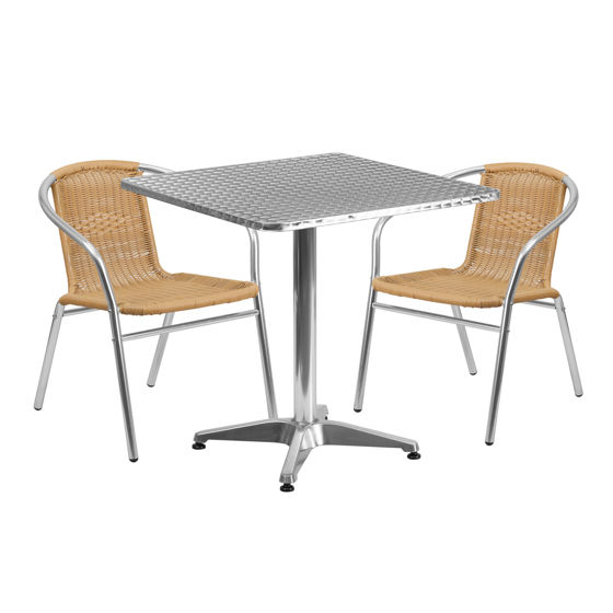 Lila 27.5'' Square Aluminum Indoor-Outdoor Table Set with 2 Beige Rattan Chairs TLH-ALUM-28SQ-020BGECHR2-GG