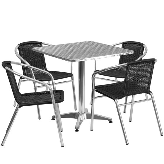 Lila 27.5'' Square Aluminum Indoor-Outdoor Table Set with 4 Black Rattan Chairs TLH-ALUM-28SQ-020BKCHR4-GG