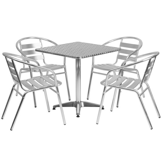 Lila 27.5'' Square Aluminum Indoor-Outdoor Table Set with 4 Slat Back Chairs TLH-ALUM-28SQ-017BCHR4-GG