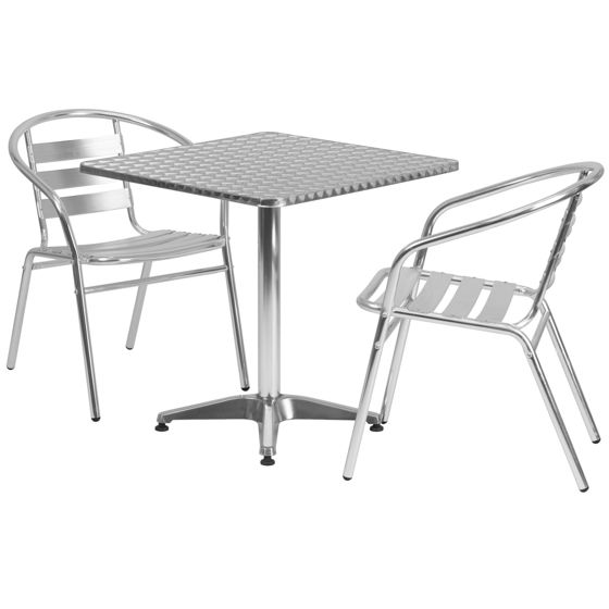 Lila 27.5'' Square Aluminum Indoor-Outdoor Table Set with 2 Slat Back Chairs  TLH-ALUM-28SQ-017BCHR2-GG