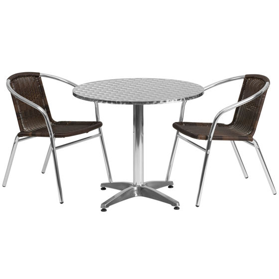 Lila 31.5'' Round Aluminum Indoor-Outdoor Table Set with 2 Dark Brown Rattan Chairs TLH-ALUM-32RD-020CHR2-GG