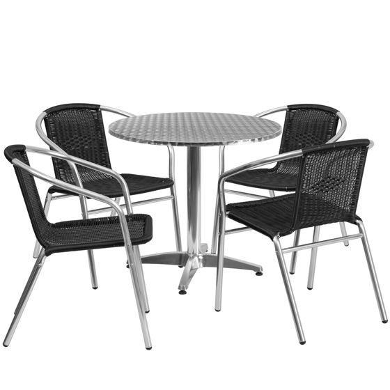 Lila 31.5'' Round Aluminum Indoor-Outdoor Table Set with 4 Black Rattan Chairs TLH-ALUM-32RD-020BKCHR4-GG