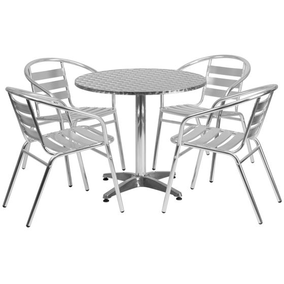 Lila 31.5'' Round Aluminum Indoor-Outdoor Table Set with 4 Slat Back Chairs TLH-ALUM-32RD-017BCHR4-GG