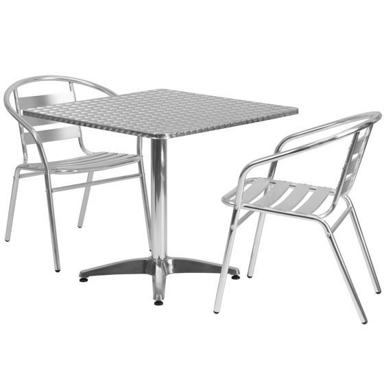 Lila 31.5'' Square Aluminum Indoor-Outdoor Table Set with 2 Slat Back Chairs TLH-ALUM-32SQ-017BCHR2-GG