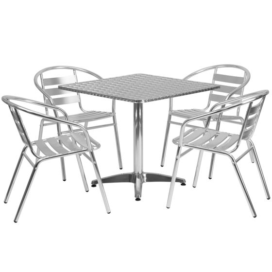 Lila 31.5'' Square Aluminum Indoor-Outdoor Table Set with 4 Slat Back Chairs TLH-ALUM-32SQ-017BCHR4-GG