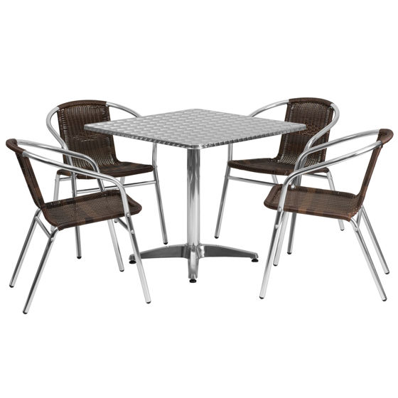 Lila 31.5'' Square Aluminum Indoor-Outdoor Table Set with 4 Dark Brown Rattan Chairs TLH-ALUM-32SQ-020CHR4-GG