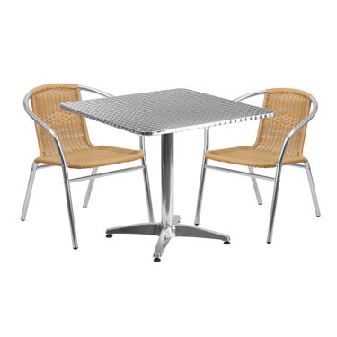 Lila 31.5'' Square Aluminum Indoor-Outdoor Table Set with 2 Beige Rattan Chairs TLH-ALUM-32SQ-020BGECHR2-GG